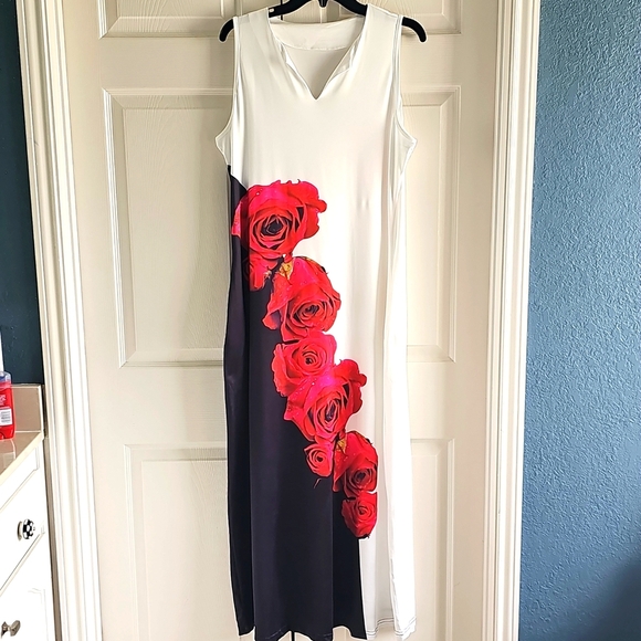NWT SO BEAUTIFUL LADY Sleeveless V Neck Floral Dress White w Red Roses Large - Picture 1 of 13